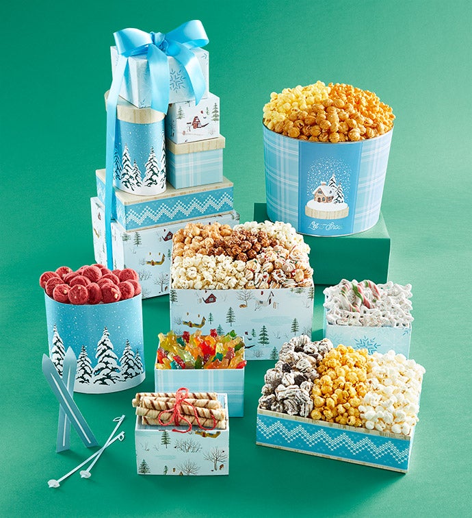 Let It Snow 6 Box Gift Tower and 2 Gallon Popcorn Tin 3 Flavor